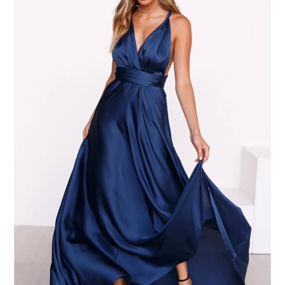 Brand new navy full length open back dress